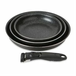 Set 3 Poêles Anti-adhésives Effet Pierre Et Manche Amovible