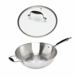 Lot Wok Tout Inox Et Couvercle Verre 30 Cm Excell'Inox