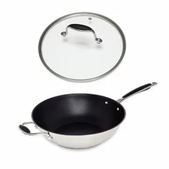 Lot Wok Inox Antiadhérent Et Couvercle Verre 30 Cm Excell'Inox
